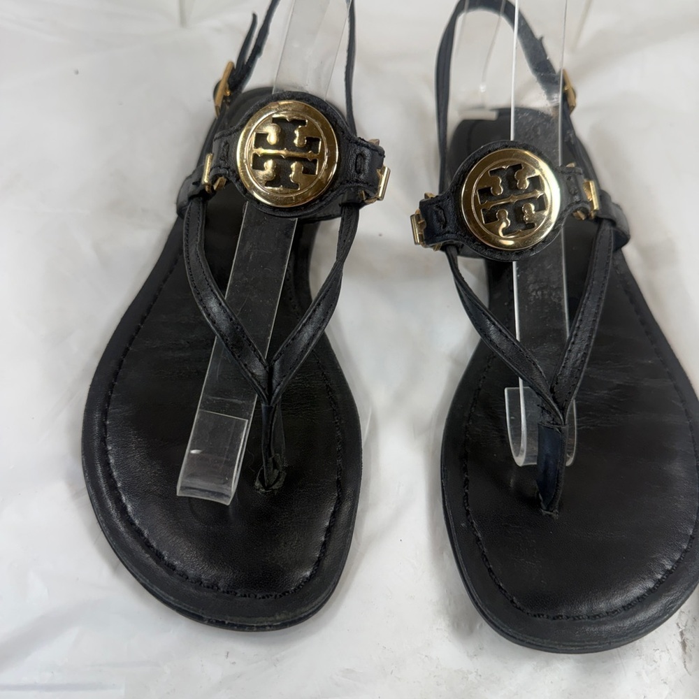 Tory Burch Black Leather Logo Embellished Flat Thong Slingback Sandals SZ 6.5 M - Picture 2 of 13